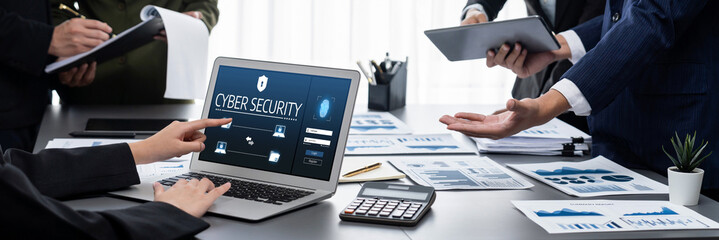 Cyber security system on computer screen protect private information brisk from hacker and cyber...