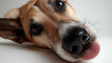 Close-up portrait of a cute dog with tongue out looking directly at the camera