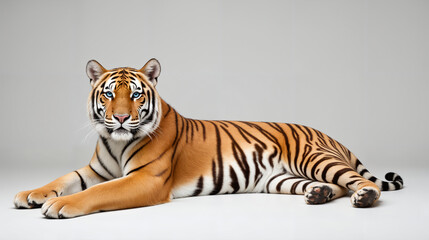 Fototapeta premium Majestic Tiger Resting in Natural Habitat – Orange and Black Striped Big Cat Lying on Ground for Wildlife Conservation, Tiger Protection, and International Tiger Day Awareness