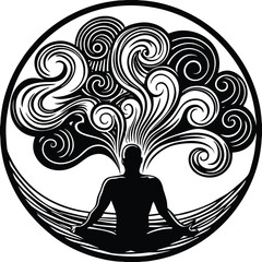 Inner Peace and Enlightenment:  A serene silhouette of person in deep meditation, the mind expands into intricate swirling patterns within a circular frame.