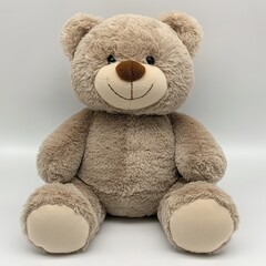 Obraz premium Cute beige teddy bear sitting upright on white background