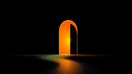 Illuminated doorway with a path leading towards it against a black background