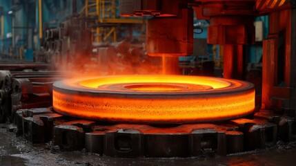 Intense heat radiates from a glowing red hot steel ring during industrial forging