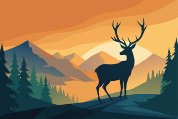 Fototapeta premium Majestic Deer Silhouette at Sunset in Mountain Landscape