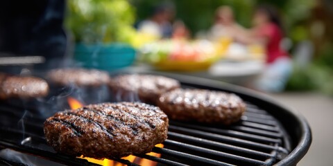 outdoor barbecue party, a traditional charcoal grill has sizzling burgers as people mingle and enjoy themselves in the background