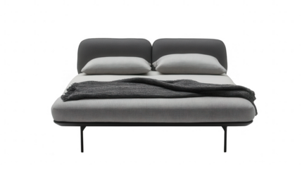 Elegant bed with fabric upholstery and soft pillows PNG transparent background