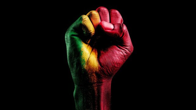 Powerful fist raised with colors of the Pan-African flag on a black background