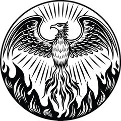 Phoenix Rising: An black and white illustration features a phoenix engulfed in flames, symbolizing rebirth, renewal, and hope, within a graphic design.