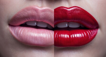 Obraz premium Contrast of Pink and Red Glossy Woman Lips Close-up 