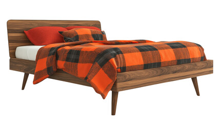 Wooden bed with orange plaid blanket PNG transparent background
