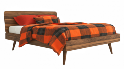 Wooden bed with orange plaid blanket PNG transparent background