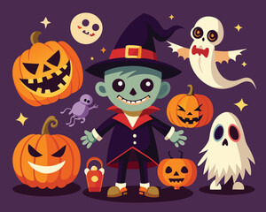 Cute Halloween Characters. Pumpkins. Ghosts & Zombie