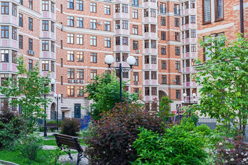courtyard in modern multistorey apartment complex