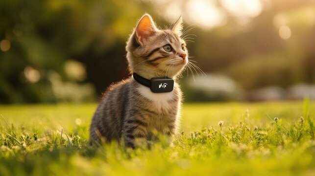 Alert Tabby Cat Wearing a wi-fi Collar Sitting Outdoors in a Garden with Flowers - Powered by Adobe