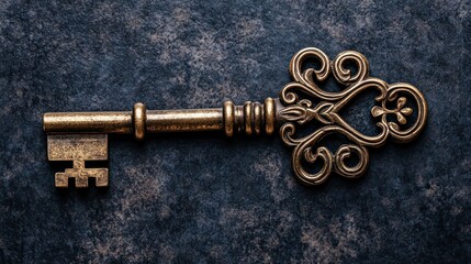 An ornate, antique golden key rests on a textured, dark gray background.