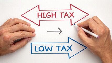 Tax, consulting and services concept. Hands drawing arrows indicating high tax versus low tax choices.
