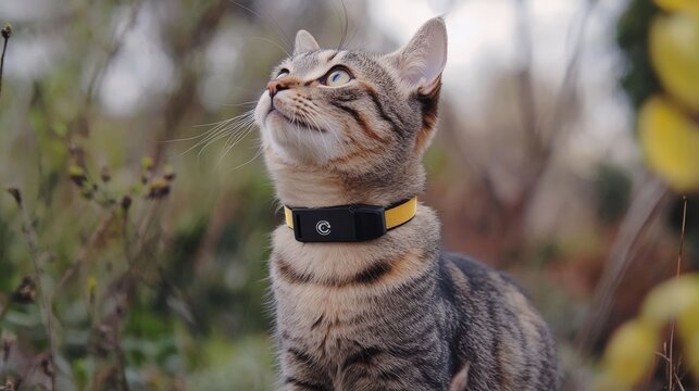 Alert Tabby Cat Wearing a wi-fi Collar Sitting Outdoors in a Garden with Flowers