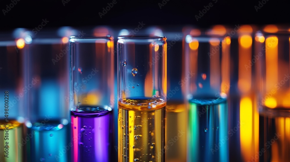 Poster close-up of laboratory glass test tubes with liquid samples being transferred using a pipette, scien