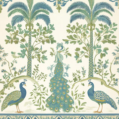 Ornamental Mughal Wallpaper with Peacock & Palm Motifs
