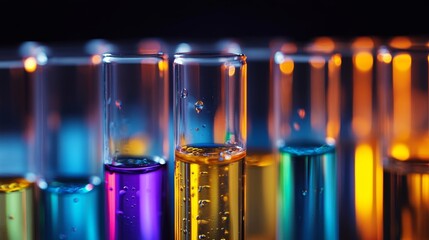 Close-up of laboratory glass test tubes with liquid samples being transferred using a pipette, scientific research concept on black background
