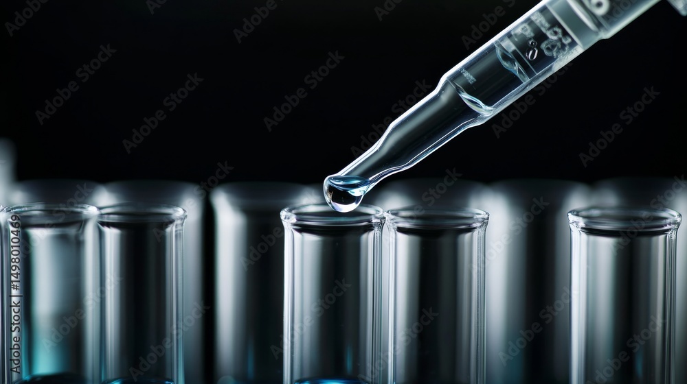 Poster close-up of laboratory glass test tubes with liquid samples being transferred using a pipette, scien