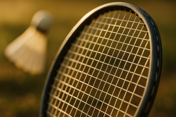 Badminton racket and shuttlecock captured during an evening practice session outdoors