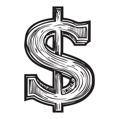 Dollar sign illustration, Money Currency Dollar Black and White Vector Illustration, Sketch Drawing Line art