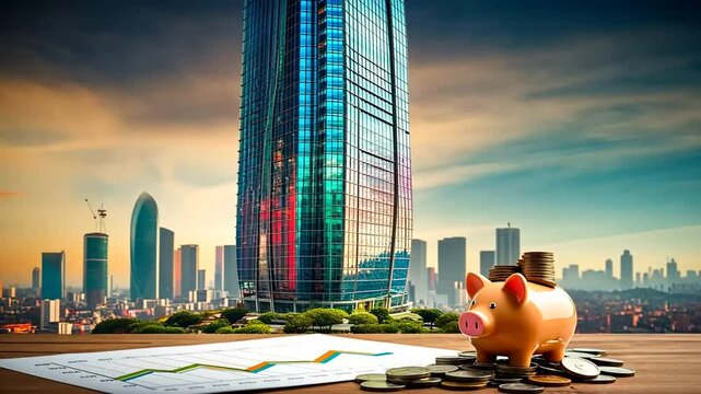Modern city skyline, piggy bank, and financial charts