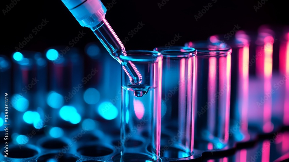 Poster close-up of laboratory glass test tubes with liquid samples being transferred using a pipette, scien
