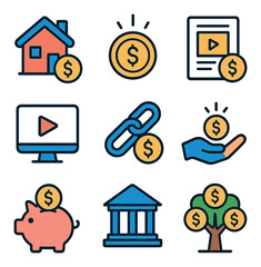 Finance and money flat icons set. banking, investment, and savings symbols