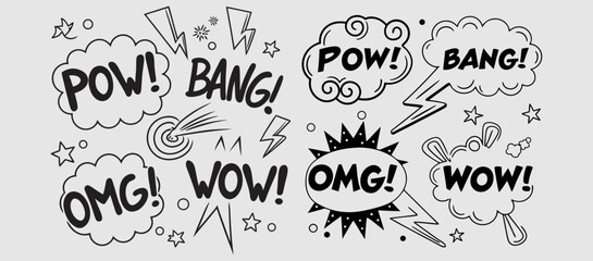Comic boom cartoon effect line element set. Comic speech bubble pow, boom text, explosive splash smoke, wow cartoon vector icon. Hand drawn sketch doodle explosive element. Vector illustration. EPS.