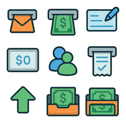 Finance and money flat icons set. banking and payment symbols collection