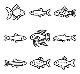 Aquatic life linear icons set. marine and fish symbols for design projects