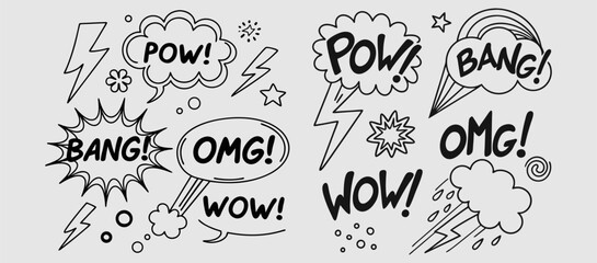 Comic boom cartoon effect line element set. Comic speech bubble pow, boom text, explosive splash smoke, wow cartoon vector icon. Hand drawn sketch doodle explosive element. Vector illustration. EPS.