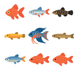 Fototapeta premium Aquarium fish flat icons set. marine life and aquatic animal symbols