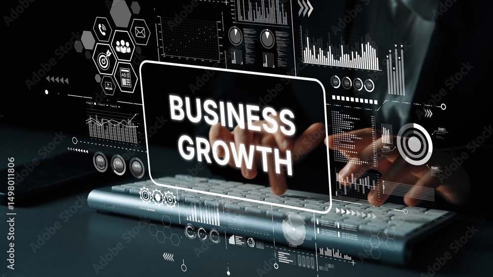 Poster business growth concept with digital data visualization and modern technology in a dark office envir