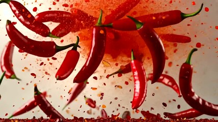 Red Chili Peppers Falling in Splashing Motion - Powered by Adobe