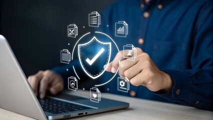 Quality Assurance and Certification Compliance Concept. Woman touching standard quality control certificate assurance guarantee for automation process. quality control management, Audit Documentation,