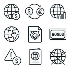 Finance and investment linear icons set. money management and global economics