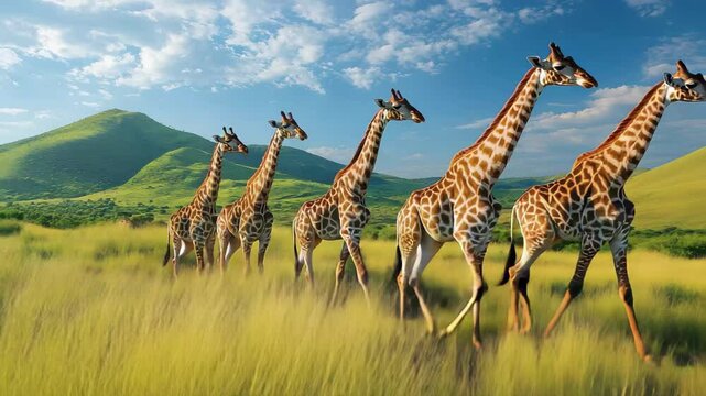Giraffes walking through african savanna wildlife safari adventure animals nature photography landscape scenic view