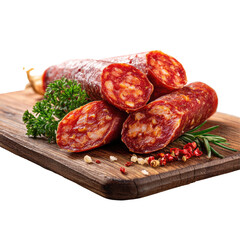 Close-up of three slices of cured sausage on a wooden cutting board, garnished with parsley, rosemary, and peppercorns.  The sausage has a reddish-brown hue and a visible marbled texture