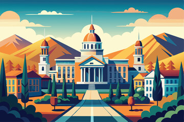 Majestic Cityscape. Architectural Marvel Against Mountainous Landscape