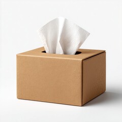Simple cardboard tissue box on plain bright white background no shadows, minimalist household item, hyper-realistic photo