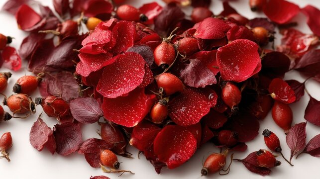 Heart shape crafted from rose petals and rose hips symbolizing cardiovascular wellness