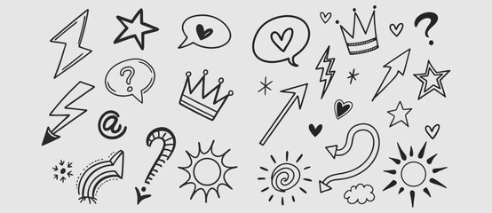 Line marker hand drawn brush arrow element set. Sketch pencil stroke vector graphic pen underline scribble icon. Hand drawn line heart, crown, star symbol highlight marker shape. Vector illustration.