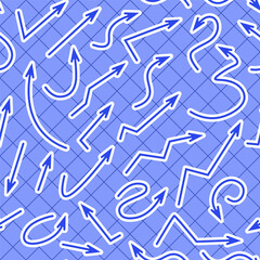 Seamless pattern of blue hand drawn arrows with white outline on blue checkered background