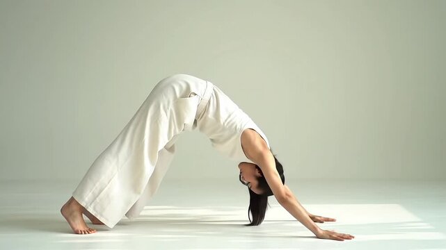Woman Practicing Yoga in Bright Minimalist Studio Performing Downward Dog Pose