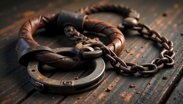A poignant image depicting shackles, a worn leather whip, and a rusted iron collar, symbolizing the brutal reality of slavery and its enduring legacy ,  shadows,  social injustice,  injustice