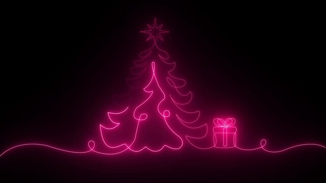 Neon glowing One continuous line drawing of Christmas tree with star on top. Festive pine plant and gift box in simple linear style.Editable stroke.