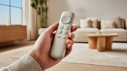 Elegant hand holding a modern remote control in a minimalist living room setting